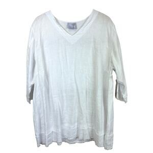 La Fixsun NWT White Linen V Neck Frayed Hem Tunic Top Size L